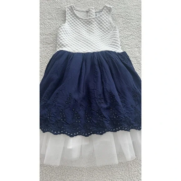 Girl's Blue & White Tulle Dress Fancy Bow Formal Size 5 Sleeveless Flower Party - Picture 2 of 13